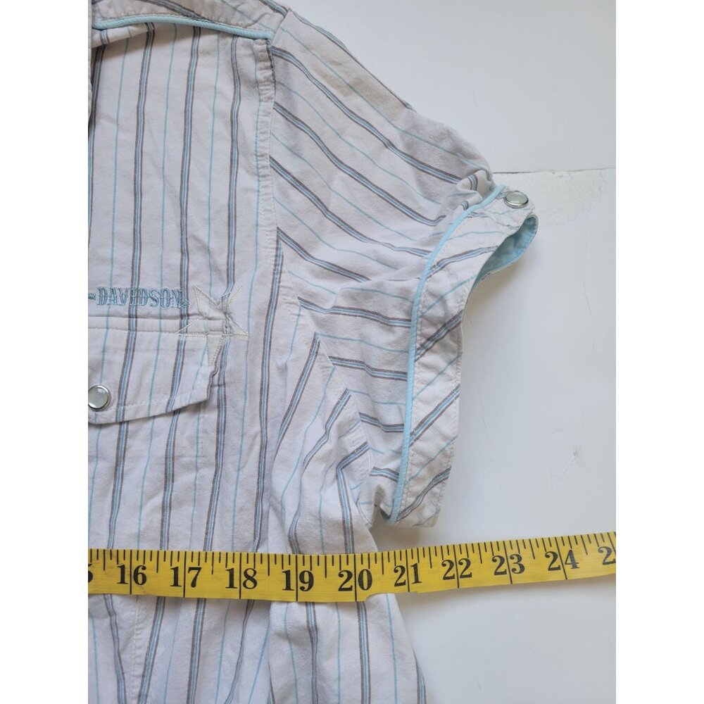 Harley-Davidson White Striped Short Sleeve Pearl Snap Button Down Top Size M - Picture 11 of 12